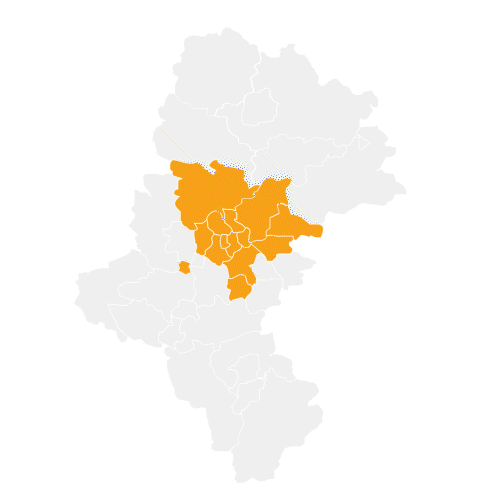 mapa województwa śląskiego z zaznaczoną centralną częścią; to jest miastami: , Bytom, Gliwice, powiat tarnogórski, Zagłębie (Sosnowiec, Będzin), Ruda Śląska, Chorzów, Radzionków